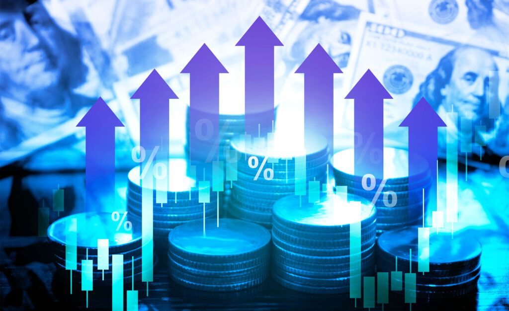 Coins stacked with upward arrows and financial graphs, symbolizing cost savings and financial benefits of upgrading to a new furnace.