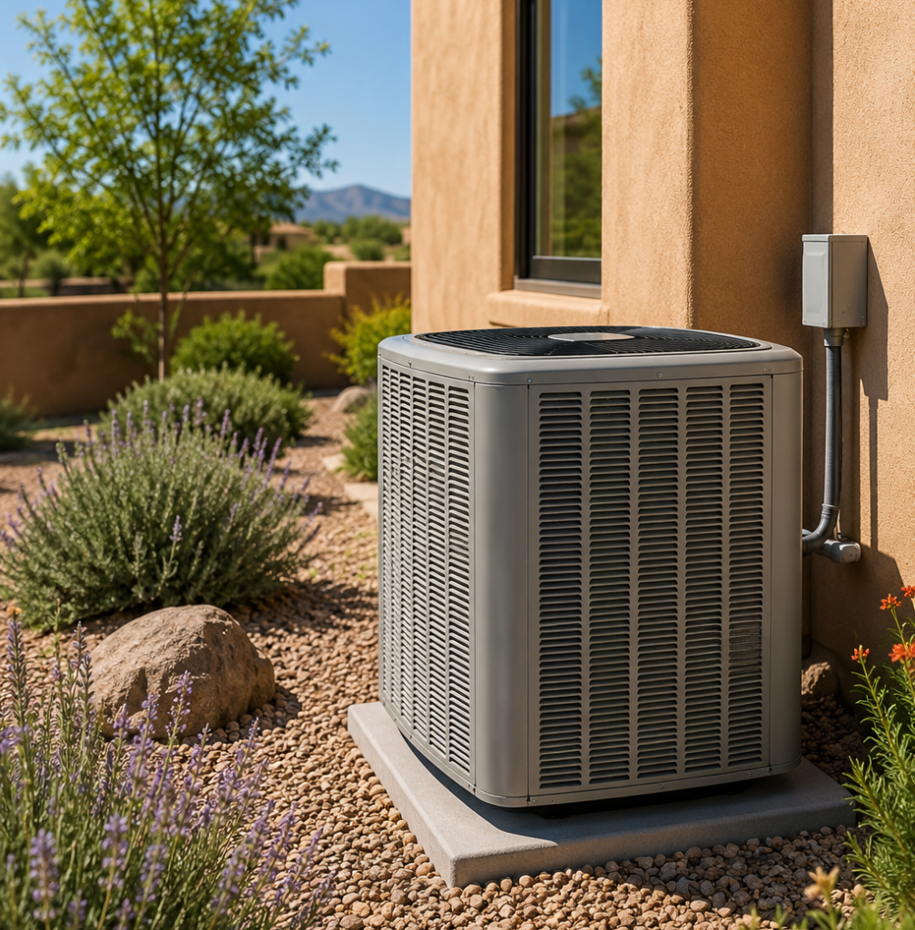 Air conditioning unit installed beside a stucco home in Albuquerque, New Mexico